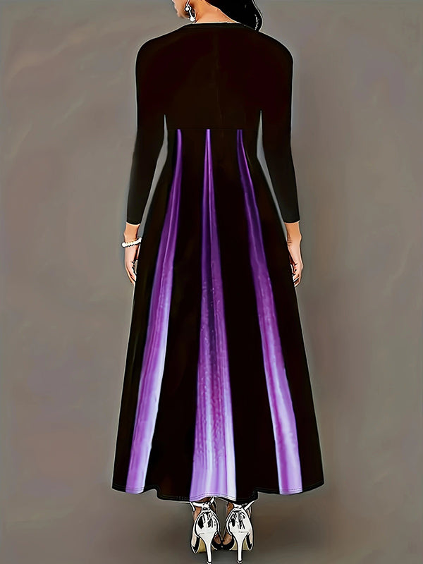 Robe longue imprimée coupe trapèze, taille haute, en dégradé, à poches, à empiècements, à col rond