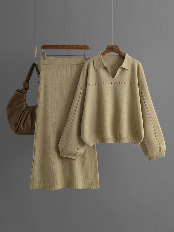 Ensemble deux pièces ample ajouré à manches bouffantes, à taille élastique, couleur unie – pull + jupe