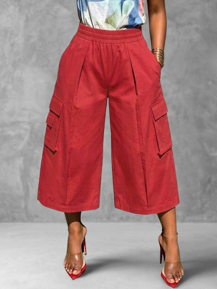 Pantalon ample taille haute, à taille élastique, à poches, couleur unie