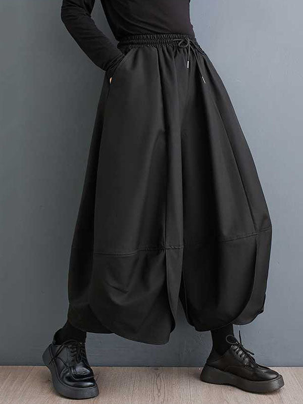 Pantalon ample plissé taille haute, à cordon de serrage, couleur unie