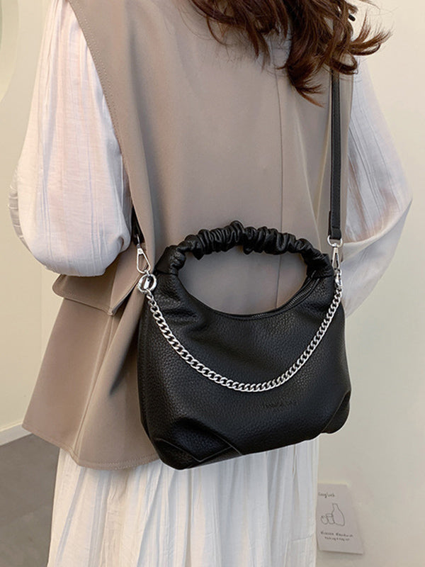 Sac à main plissé à chaîne, à fermeture éclair, couleur unie