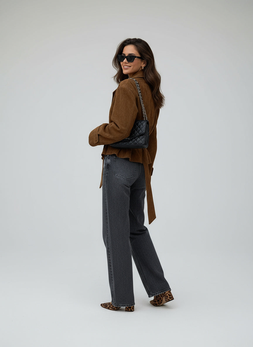 Vydra | Manteau Wrap Femme En Suède Brun Avec Ceinture