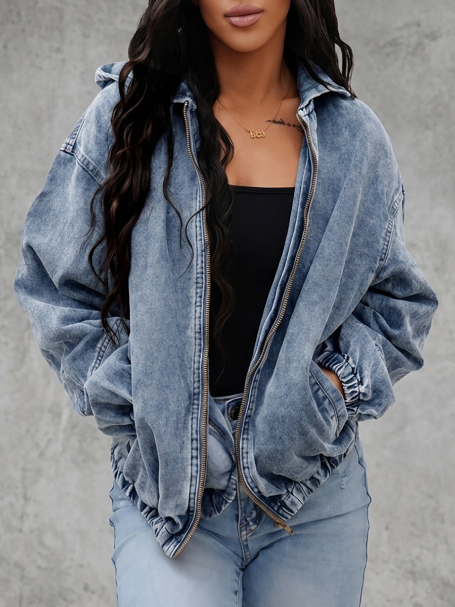 Veste ample à fermeture éclair, à poches, à taille élastique, à manches longues, à capuche, couleur unie