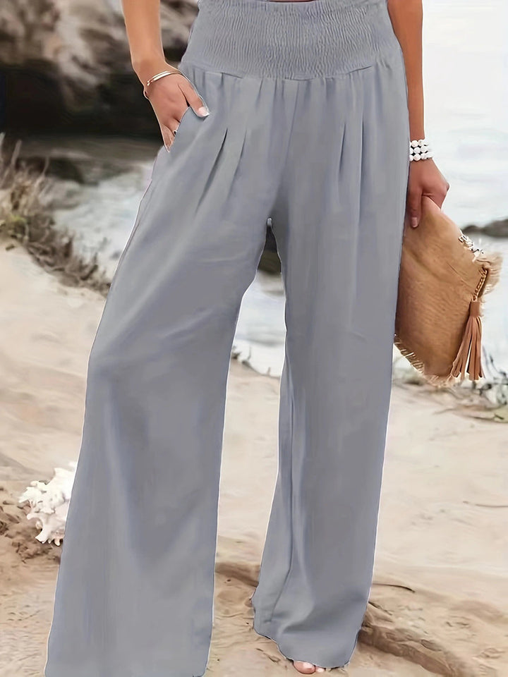 Pantalon plissé à taille élastique, taille haute, à poches, à empiècements, couleur unie