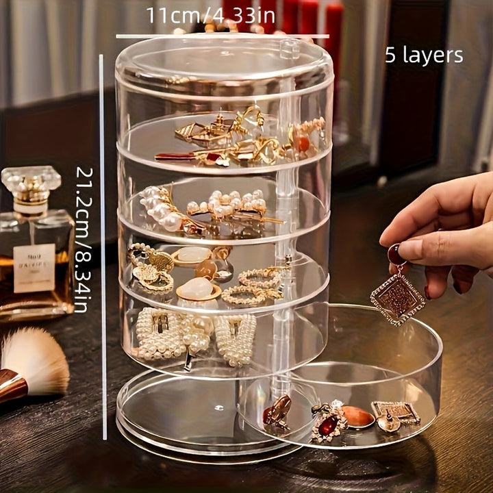 1pc Organisateur de Bijoux Rotatif à Cinq Niveaux - Matériau Acrylique avec Diviseurs Transparent Anti-Poussière, Rangement de Bureau Gain de Place pour Boucles d'Oreilles, Colliers, Bracelets, Pinces à Cheveux, Cosmétiques - Boîte à Bijoux en Plastique D