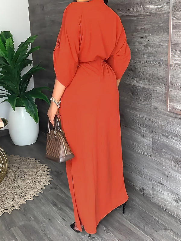 Robe longue ample fendue sur le côté à cordon de serrage, à col en V, couleur unie