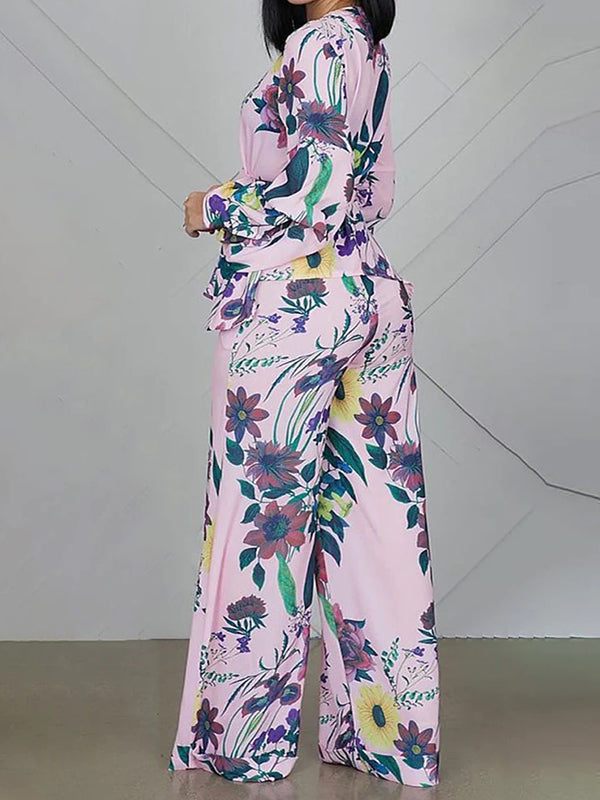 Ensemble deux pièces taille haute, à manches longues, à imprimé floral, à taille nouée, à col en V – chemise + haut + pantalon