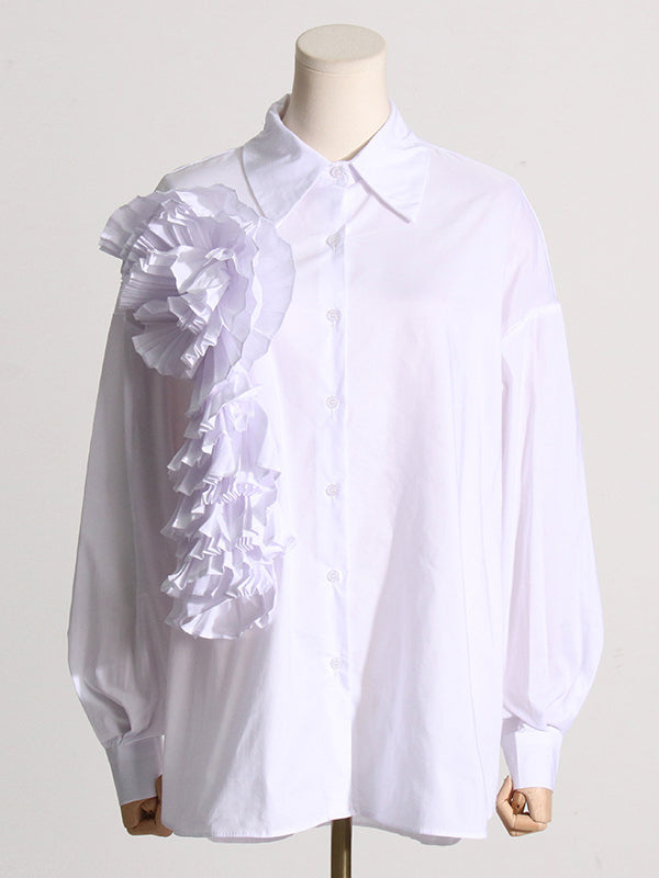Chemisier ample asymétrique boutonné plissé à manches longues, à empiècements, à fleurs en 3D, à col revers, couleur unie