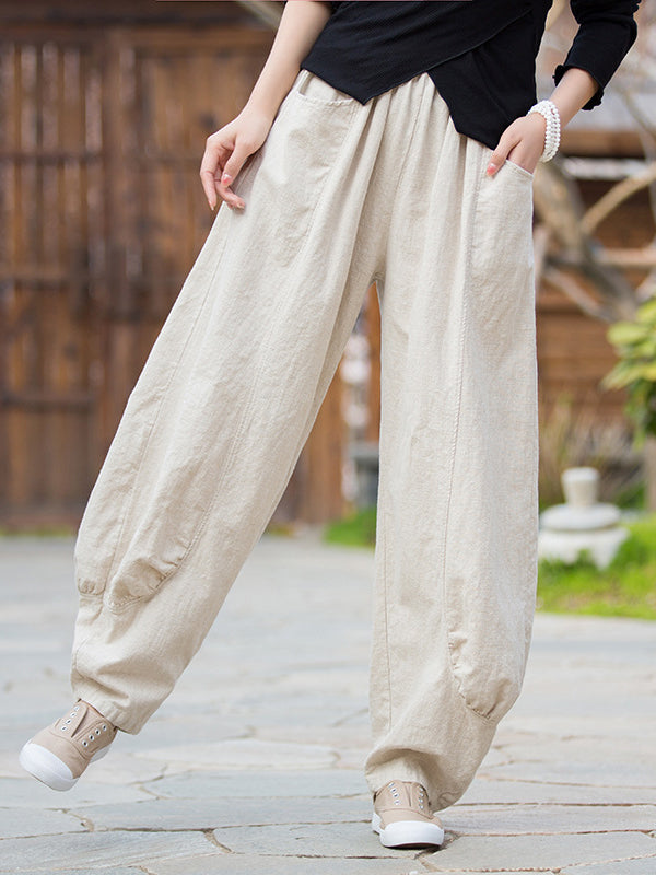 Pantalon en lin décontracté à jambes larges, taille haute, couleur unie, 7 couleurs