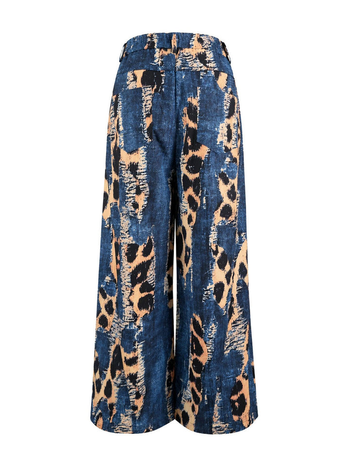 Pantalon ajouré boutonné à fermeture éclair, à empiècements, à poches, à imprimé léopard, à jambes larges, taille haute