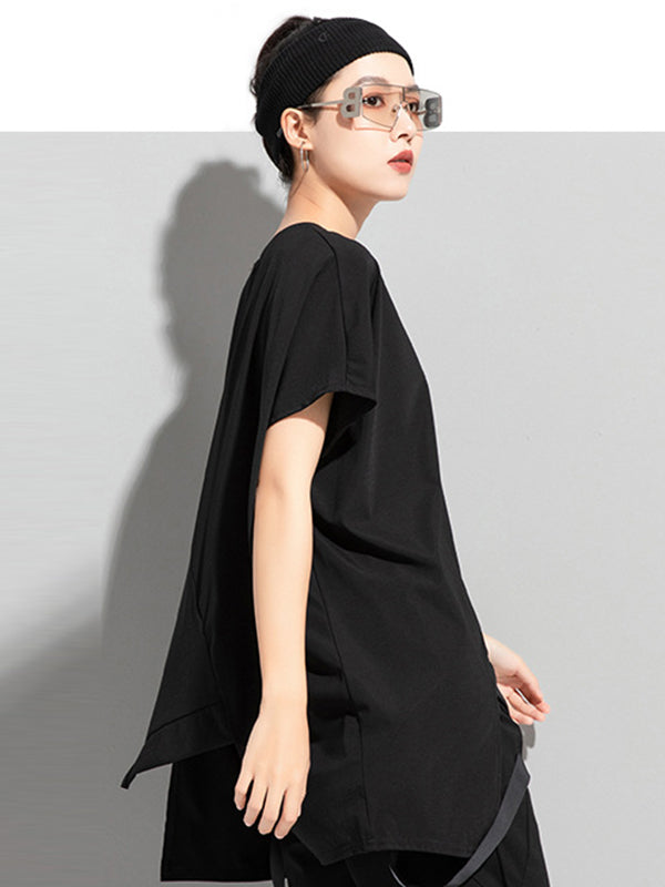 T-shirt élégant irrégulier noir à fermeture éclair, à empiècements