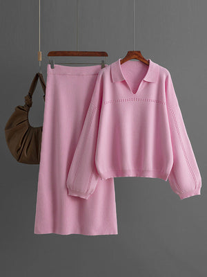 Ensemble deux pièces ample ajouré à manches bouffantes, à taille élastique, couleur unie – pull + jupe