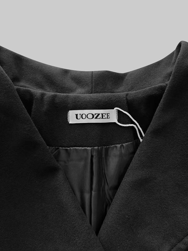 Manteau en laine boutonné coupe trapèze, à manches longues, à poches, à fermeture éclair, à col revers, couleur unie