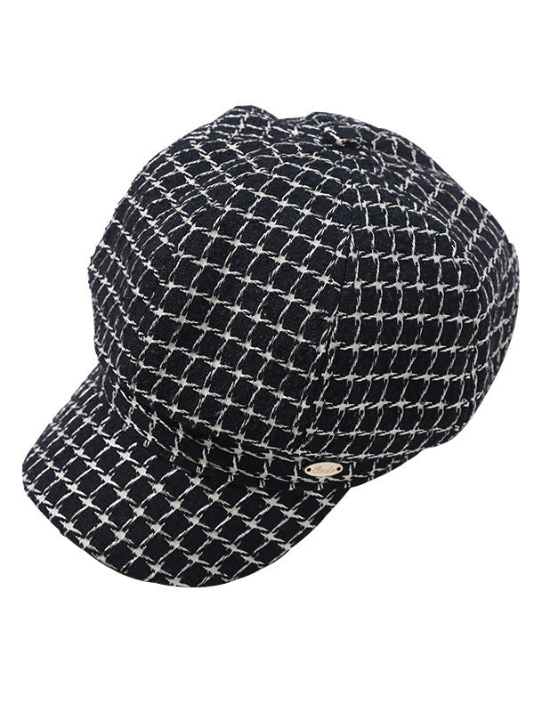 Chapeau en laine à carreaux pied-de-poule de couleur contrastée vintage