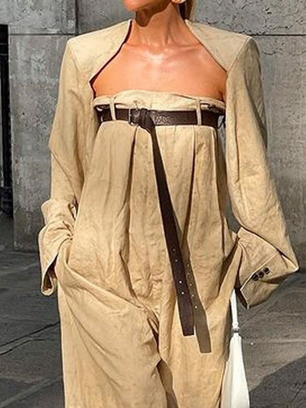 Ensemble deux pièces boutonné à manches longues, sans col, à jambes larges, avec ceinture – veste + haut + combinaison