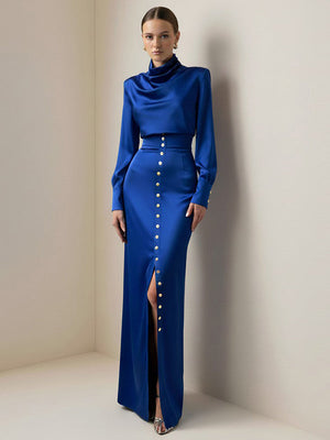 Ensemble deux pièces plissé asymétrique boutonné fendu sur le côté à empiècements, à col bénitier, à manches longues, à taille élastique, à fermeture éclair, couleur contrastée – chemisier + jupe