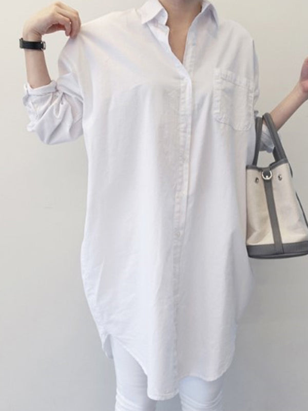 Bureau Manches Longues Couleur Unie Revers Blouses Robe Chemise