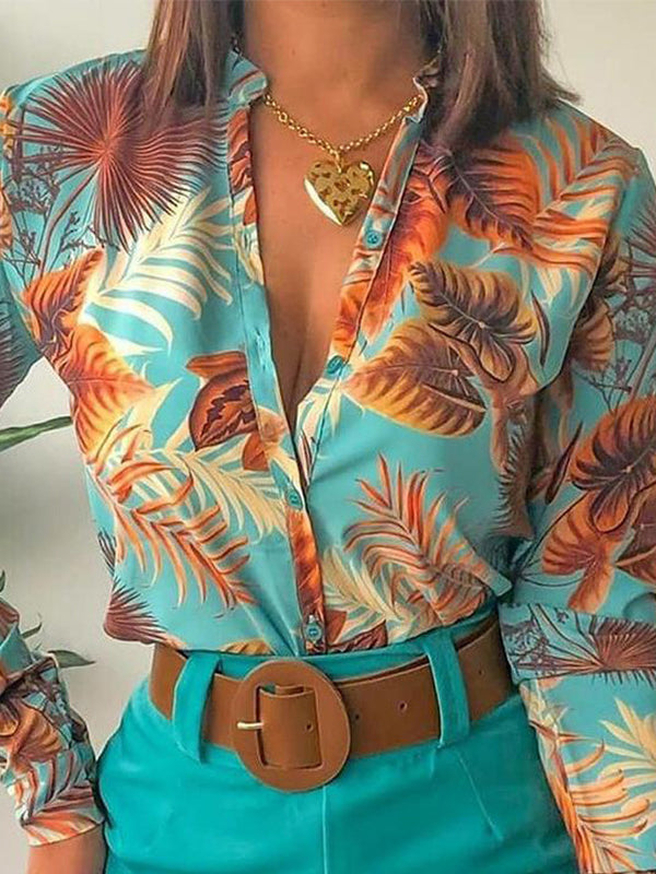 Ensemble deux pièces boutonné à manches longues, à imprimé floral, à décolleté en V profond, avec ceinture – chemise + haut + short
