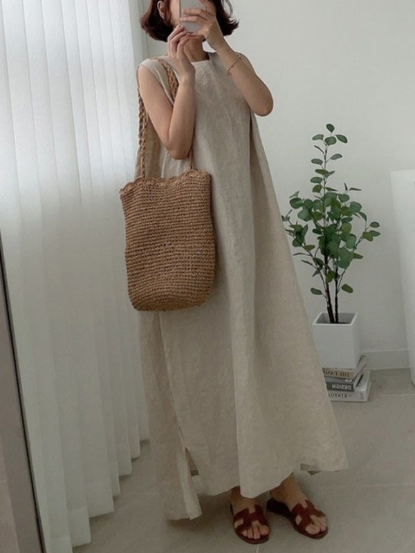 Robe mi-longue décontractée simple fendue sur le côté à col rond, sans manches, couleur unie