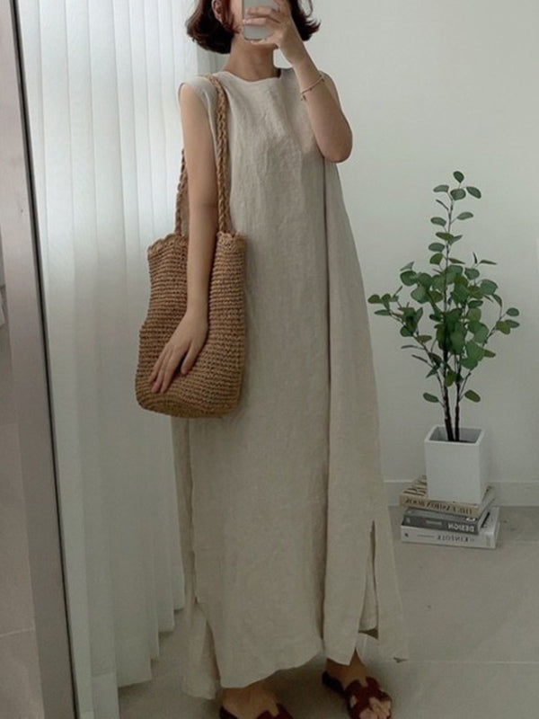 Robe mi-longue décontractée simple fendue sur le côté à col rond, sans manches, couleur unie