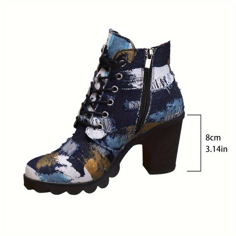 Bottines artisanales avec motif abstrait et talon épais pour femmes
