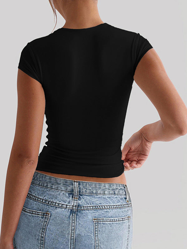 T-shirt à manches courtes, coupe près du corps, à col carré, couleur unie