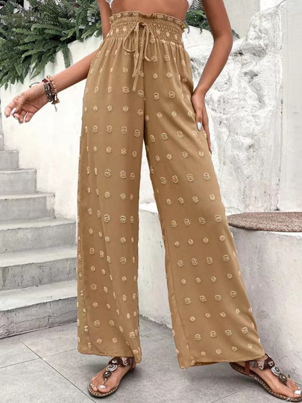Pantalon ample taille haute, à cordon de serrage, à taille élastique, en jacquard, couleur unie