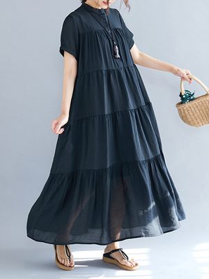 Robe mi-longue ample plissée vintage, à empiècements, à manches courtes, à col rond