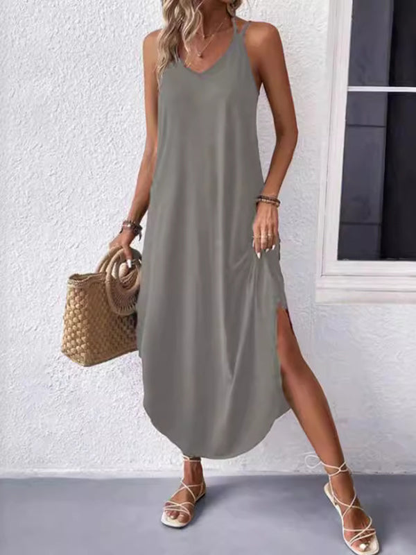 Robe longue ample grande taille, à fines bretelles, couleur unie
