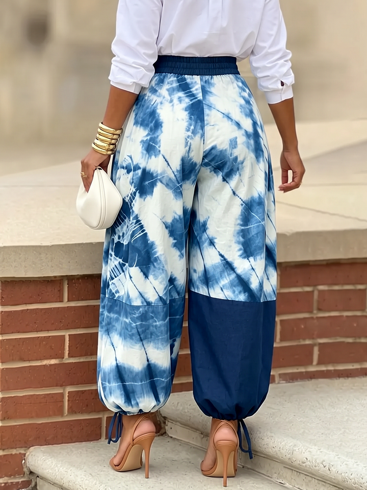 Pantalon resserré aux chevilles imprimé à empiècements, taille haute, couleur contrastée