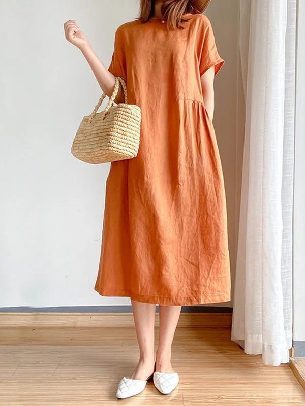 Robe mi-longue décontractée ample à col rond, couleur unie