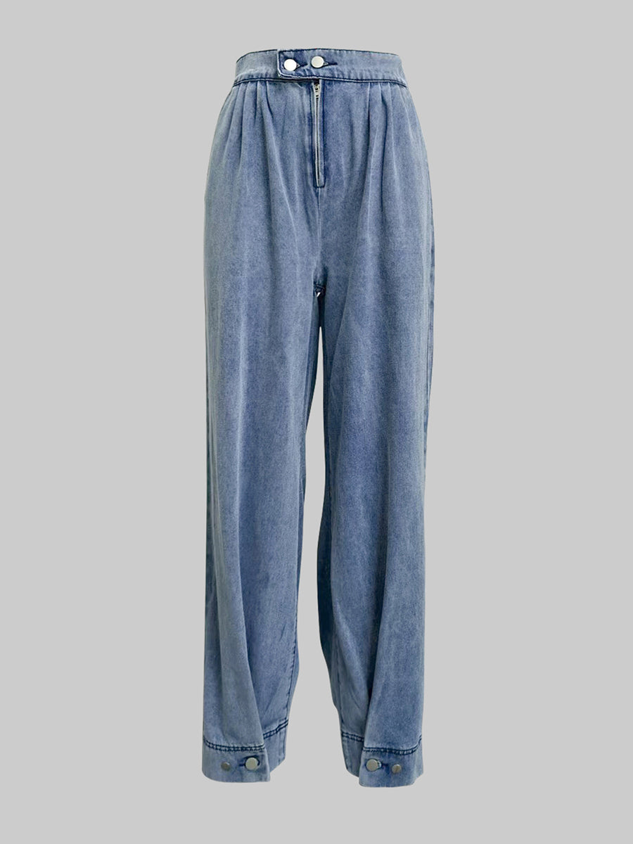 Pantalon en Jean ample boutonné de couleur unie avec fermeture éclair, bas Knickerbockers