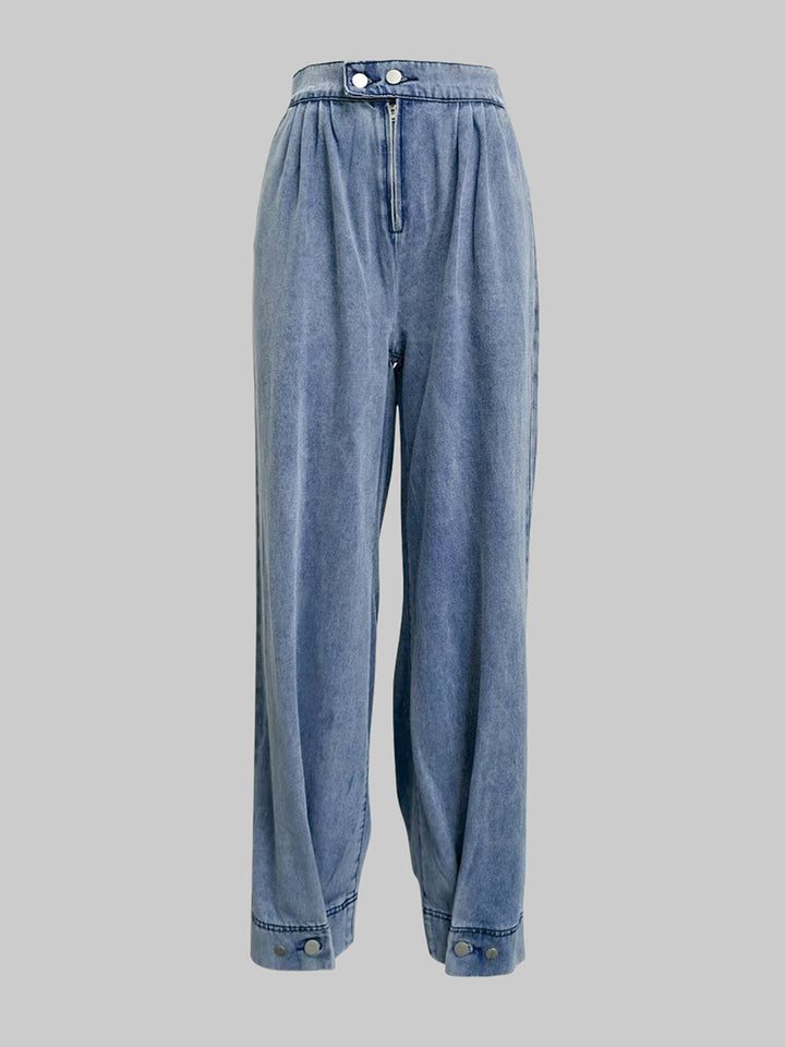 Pantalon en Jean ample boutonné de couleur unie avec fermeture éclair, bas Knickerbockers
