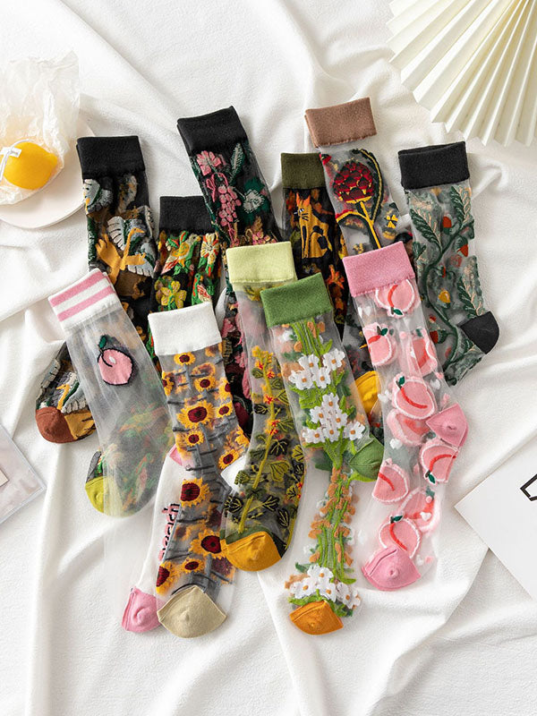 Chaussettes transparentes respirantes imprimées d'animaux, accessoires absorbant la sueur à empiècements