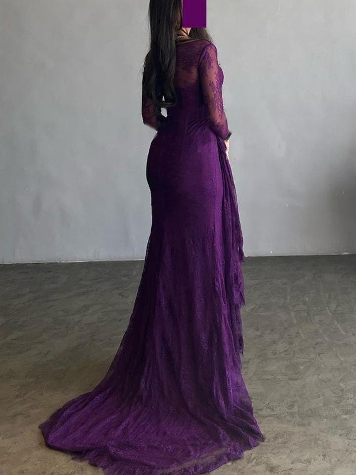 Robe de soirée longue transparente fendue sur le côté à manches longues, coupe sirène, en résille, à col carré