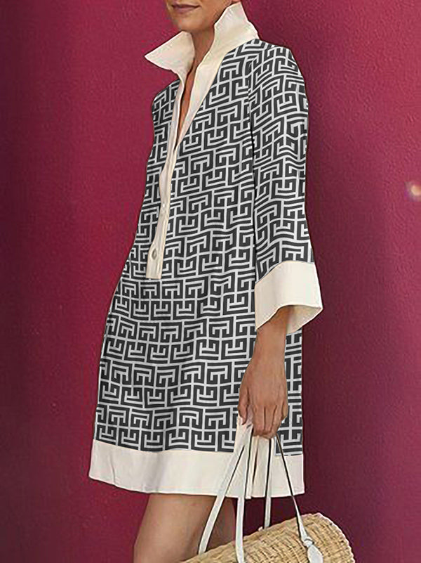 Robe chemise boutonnée imprimée à manches longues, à manches trois-quarts, à col revers