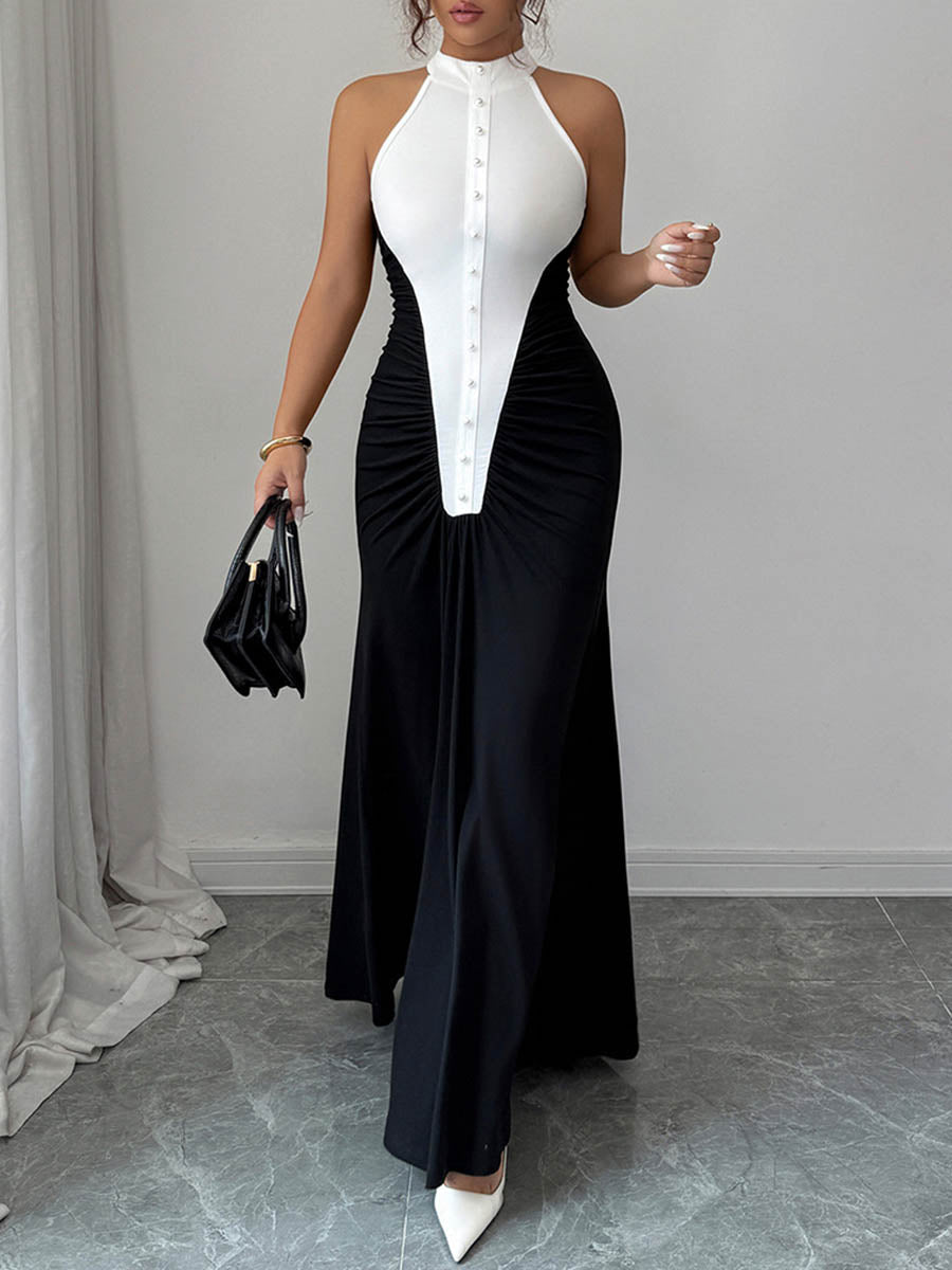 Robe longue boutonnée plissée taille haute, sans manches, à empiècements, à col licou, couleur contrastée