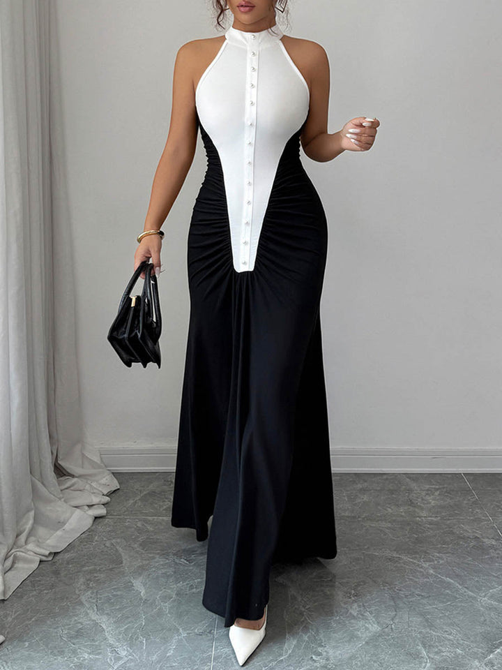 Robe longue boutonnée plissée taille haute, sans manches, à empiècements, à col licou, couleur contrastée