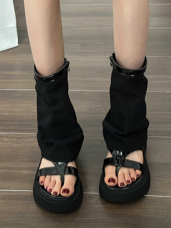 Bottes à fermeture éclair creuses à empiècements et à bout fendu, chaussures à plateforme, sandales