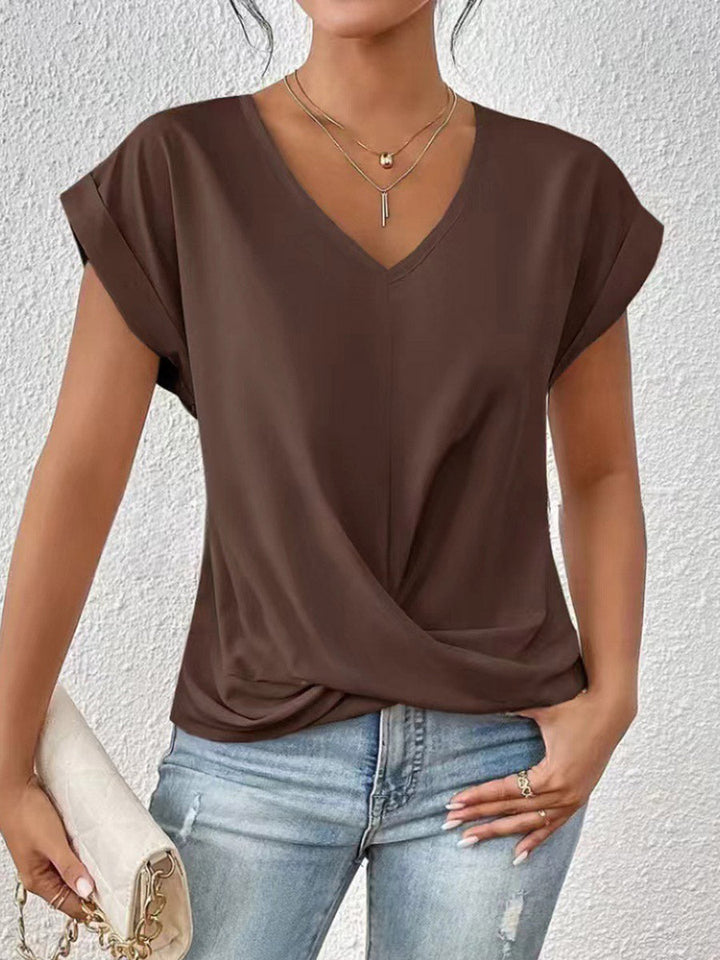 T-shirt ample plissé à manches courtes, à col en V, couleur unie