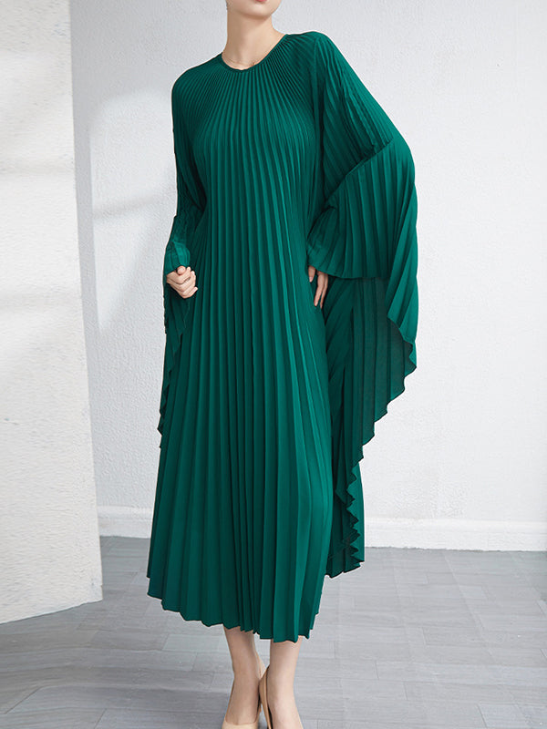 Robe longue ample plissée à manches chauve-souris, couleur unie