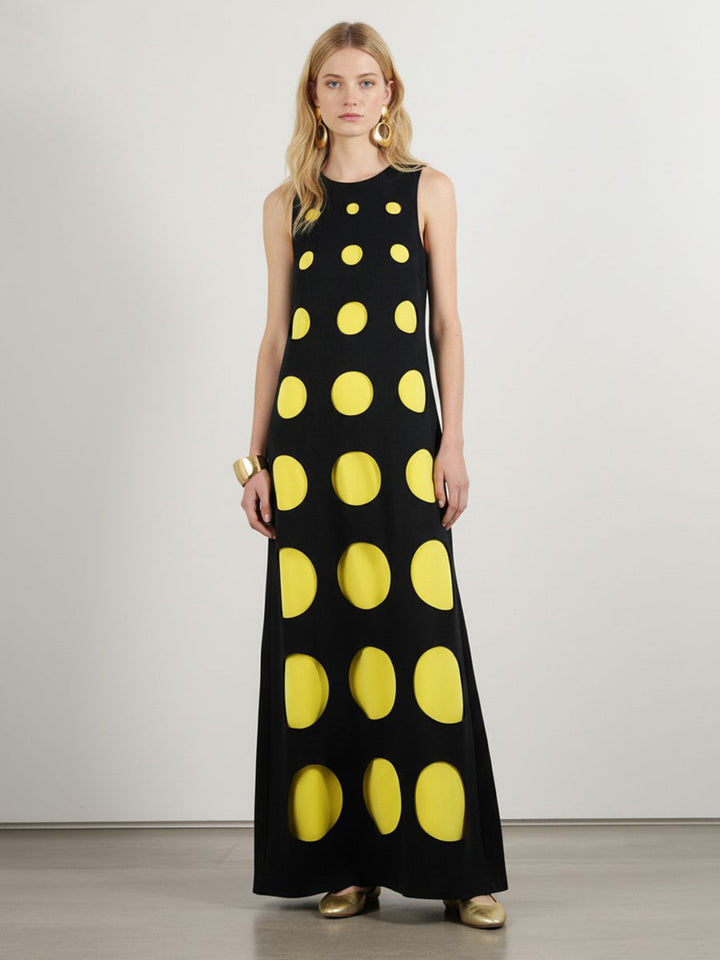 Robe longue ample sans manches, à pois, à empiècements, à col rond, couleur contrastée