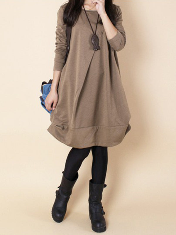 Robe longue plissée coupe trapèze, à manches longues, à col rond, couleur unie