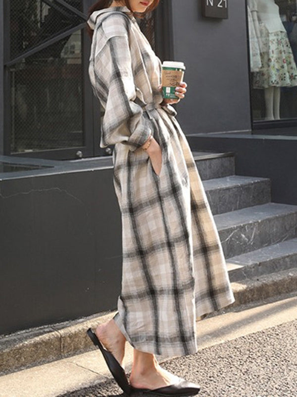 Robe chemise ample à manches longues, à carreaux, à empiècements, à taille nouée, à col revers