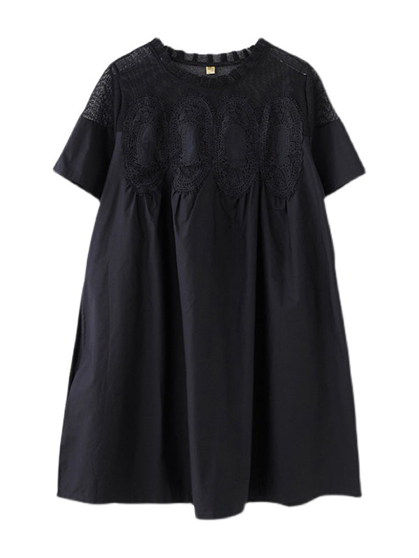 Robes courtes trapèze à manches courtes et fendue sur le côté en dentelle unie originale
