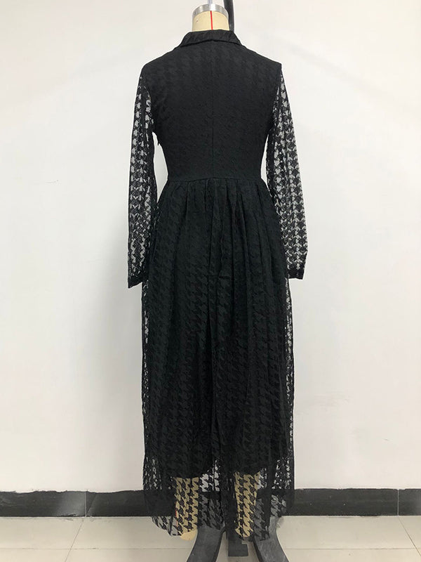 Robe longue boutonnée transparente taille haute, à manches longues, en gaze, à col en V, couleur unie