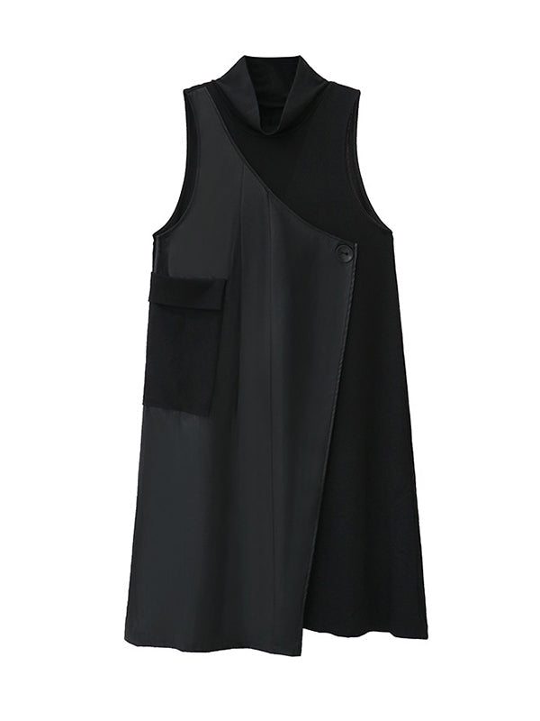Robe mi-longue ample asymétrique boutonnée à coupe irrégulière, à empiècements, à col haut, couleur unie