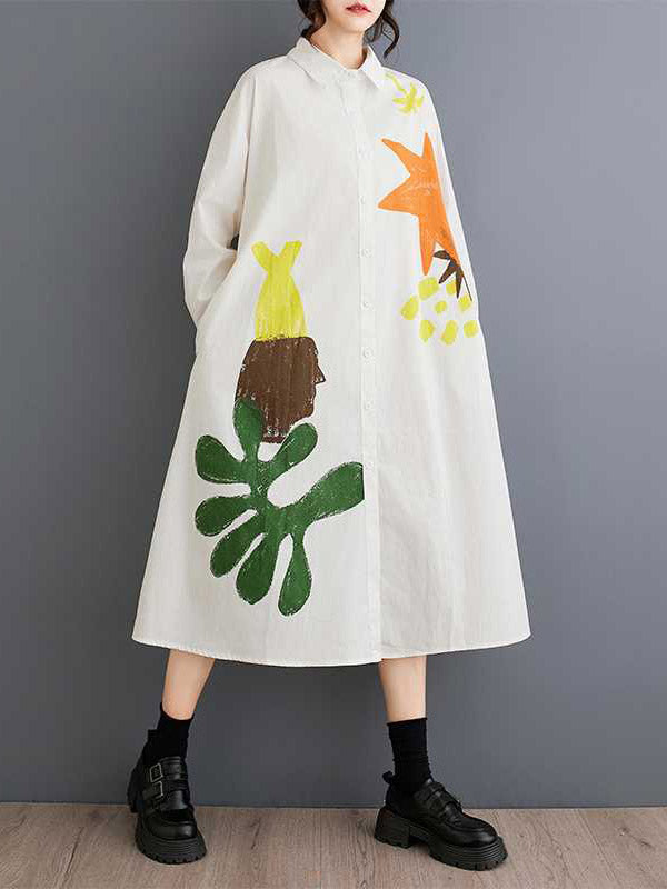Robe chemise boutonnée imprimée coupe trapèze, à manches longues, à poches, à empiècements, à col revers