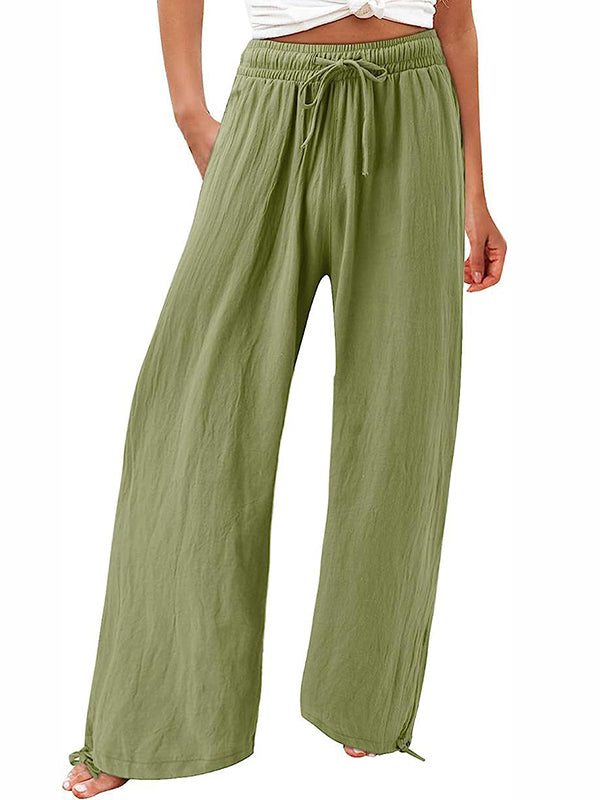 Pantalon ample à jambes larges, à cordon de serrage, à taille élastique, couleur unie