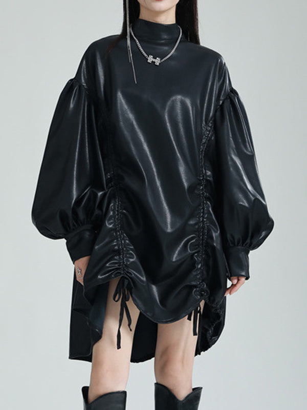 Robe courte plissée à ourlet plongeant, à manches longues, à cordon de serrage, à col montant, couleur unie